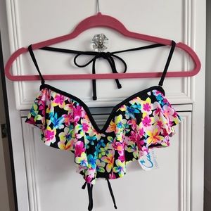 California Waves Floral Ruffle Bikini Top Size L NWT